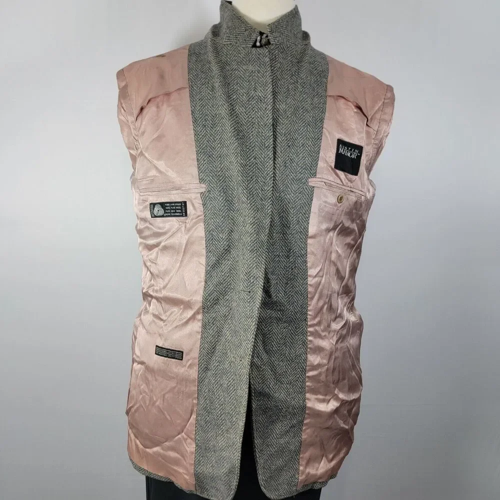 VTG Austin Manor Men's Tweed Sport Coat Blazer Two Button Gray‎ Herringbone 46L